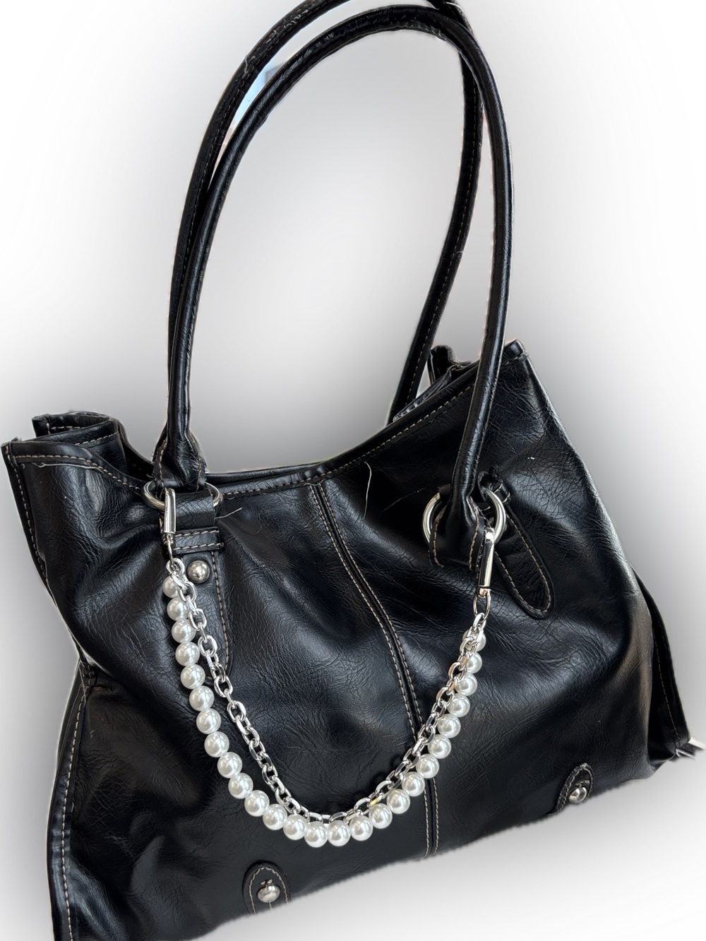 Classic Black Tote Bag with Pearl Chain Accent